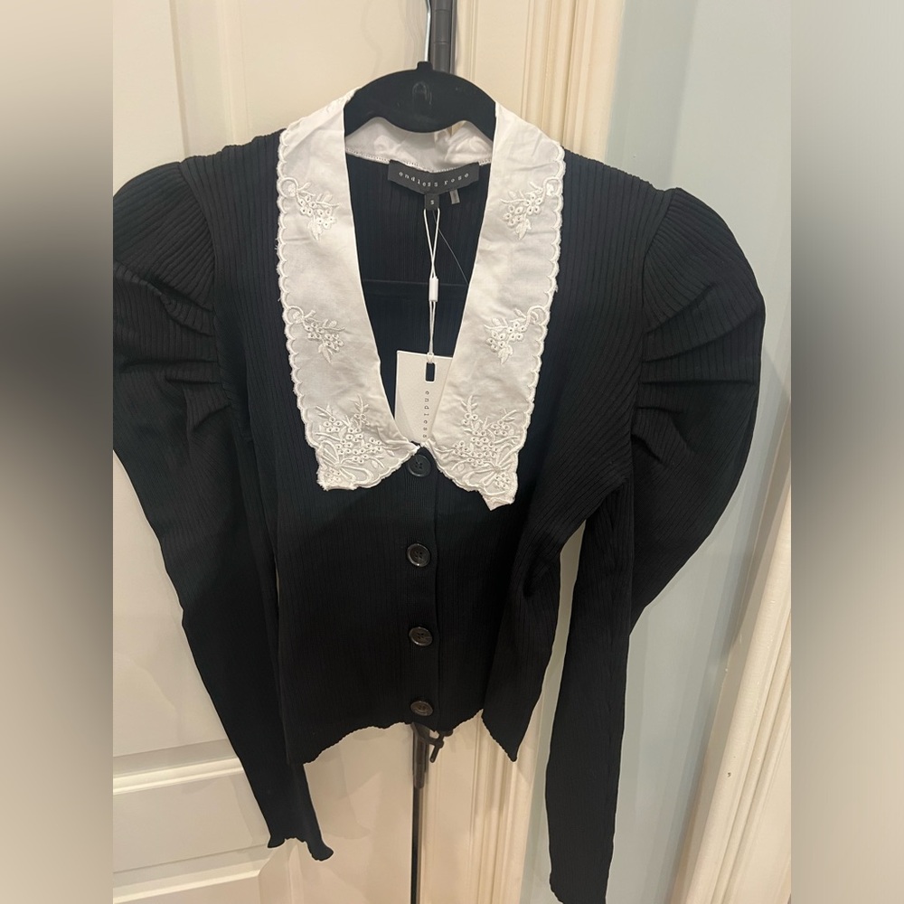 Embroidered Collar Knit Cardigan | Black Collared Cardigan - Picture 5 of 8
